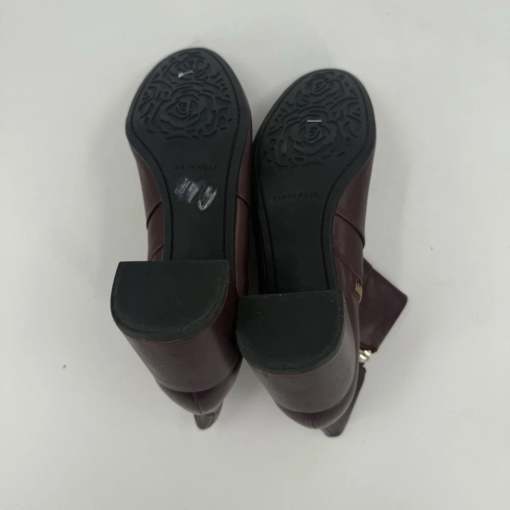 Taryn Rose Camille Leather Ankle Booties Burgundy Block Heel Side Zip Womens 9.5
